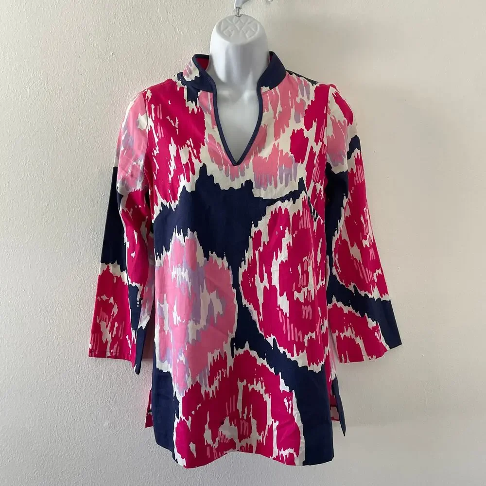 Lilly Pulitzer Tunic Womens XS Ciara Pink Blue Retro Floral Resort Vacation